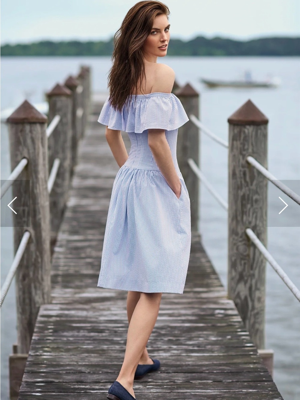 Lauren Ralph Lauren Light Blue Off-Shoulder Seersucker Dress Size 12 PTP 19”-20”